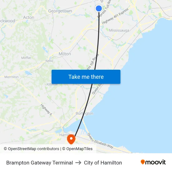 Brampton Gateway Terminal to City of Hamilton map