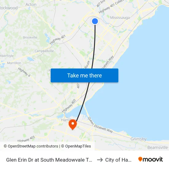 Glen Erin Dr at South Meadowvale Town Ctr Cir to City of Hamilton map