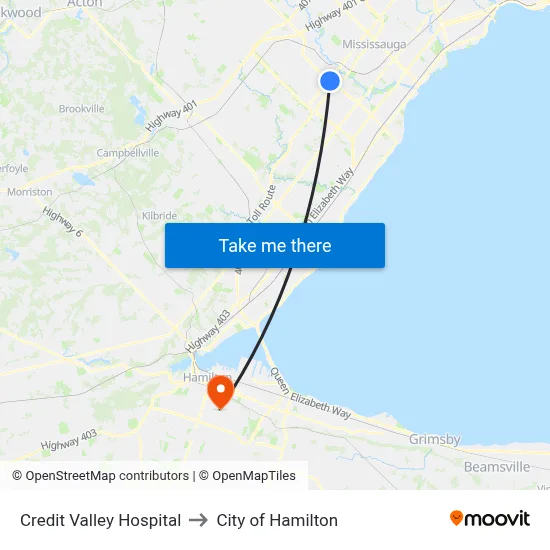 Credit Valley Hospital to City of Hamilton map