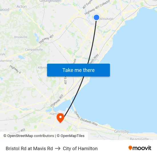 Bristol Rd at Mavis Rd to City of Hamilton map