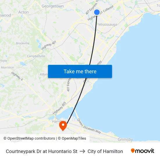 Courtneypark Dr at Hurontario St to City of Hamilton map