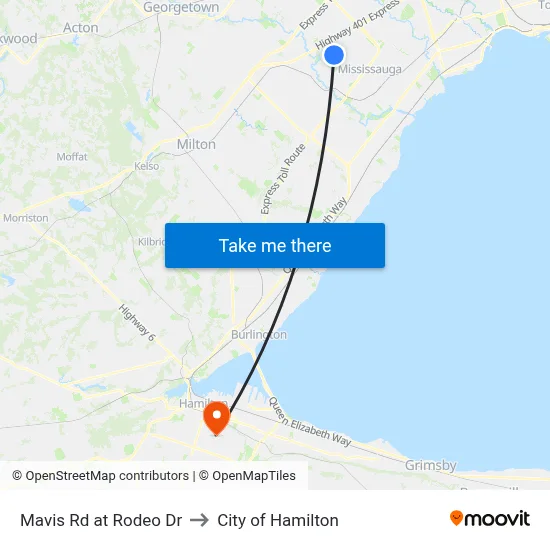 Mavis Rd at Rodeo Dr to City of Hamilton map