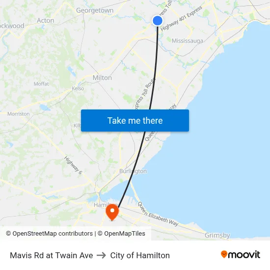 Mavis Rd at Twain Ave to City of Hamilton map