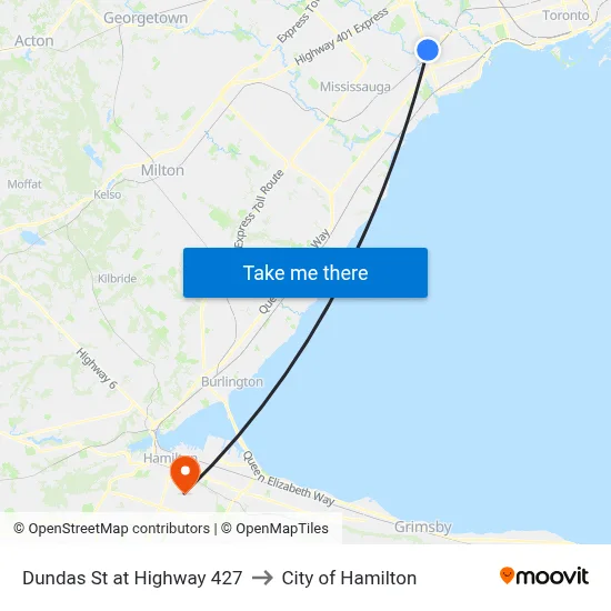 Dundas St at Highway 427 to City of Hamilton map