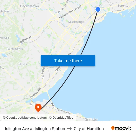 Islington Ave at Islington Station to City of Hamilton map