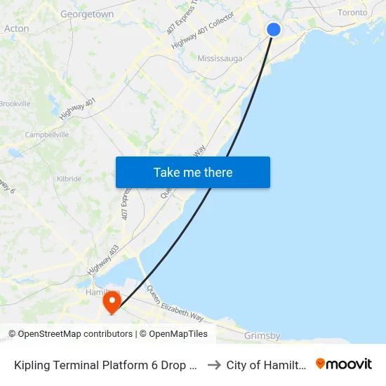 Kipling Terminal Platform 6 Drop Off to City of Hamilton map