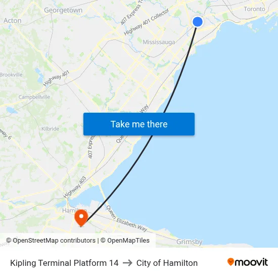 Kipling Terminal Platform 14 to City of Hamilton map