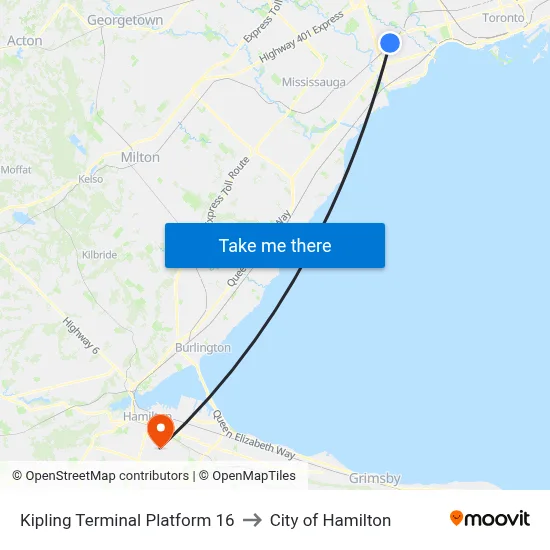 Kipling Terminal Platform 16 to City of Hamilton map