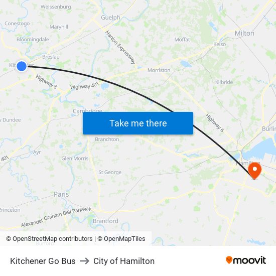 Kitchener Go Bus to City of Hamilton map