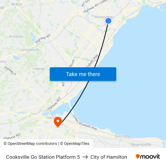 Cooksville Go Station Platform 5 to City of Hamilton map