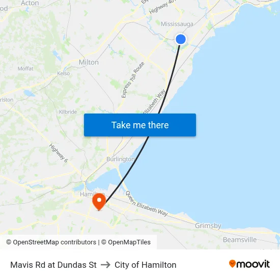 Mavis Rd at Dundas St to City of Hamilton map