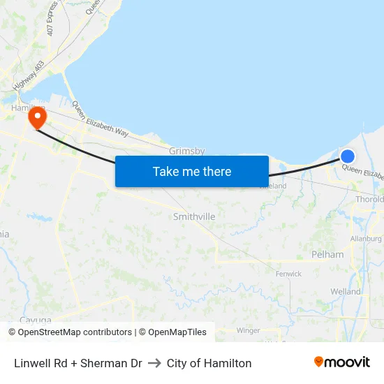Linwell Rd + Sherman Dr to City of Hamilton map