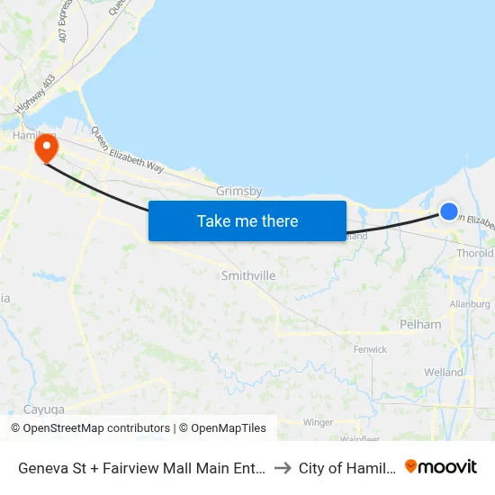 Geneva St + Fairview Mall Main Entrance to City of Hamilton map