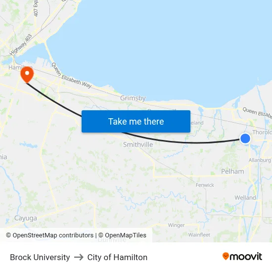 Brock University to City of Hamilton map