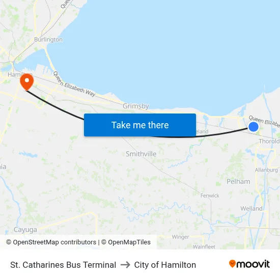 St. Catharines Bus Terminal to City of Hamilton map