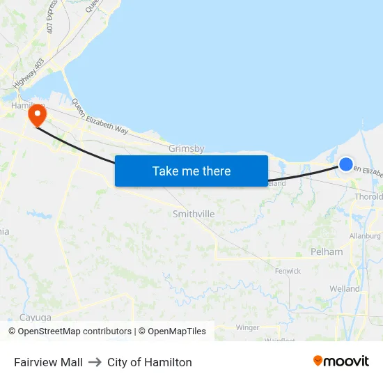 Fairview Mall to City of Hamilton map