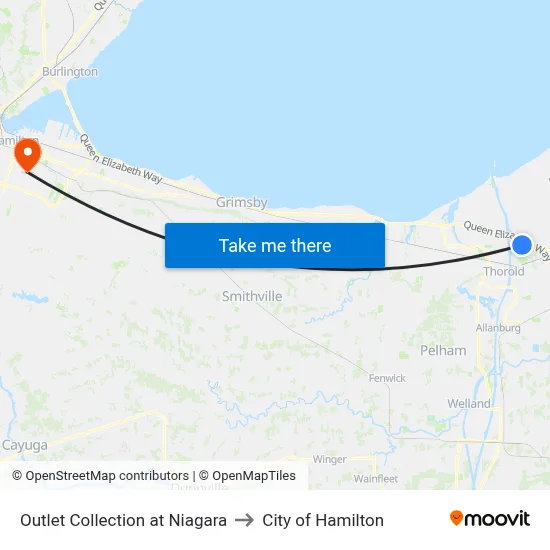 Outlet Collection at Niagara to City of Hamilton map