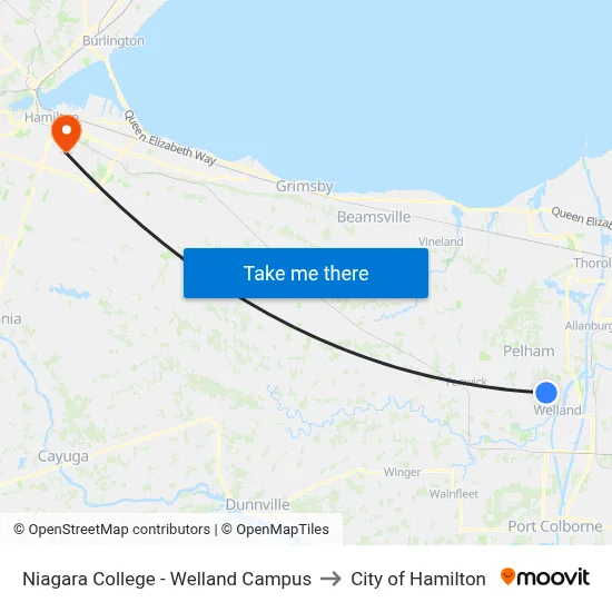Niagara College - Welland Campus to City of Hamilton map