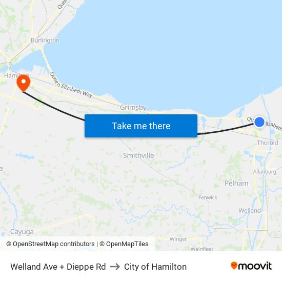 Welland Ave + Dieppe Rd to City of Hamilton map