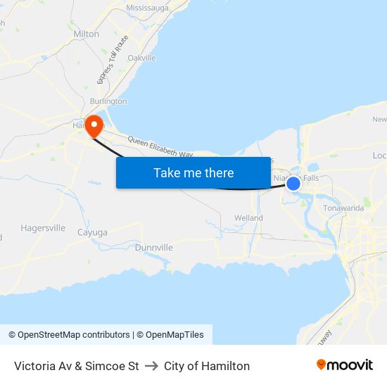 Victoria Av & Simcoe St to City of Hamilton map