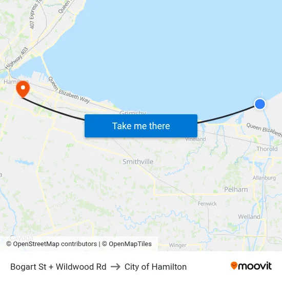 Bogart St + Wildwood Rd to City of Hamilton map