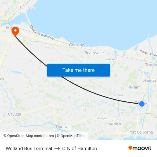 Welland Bus Terminal to City of Hamilton map