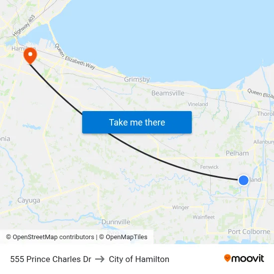 555 Prince Charles Dr to City of Hamilton map