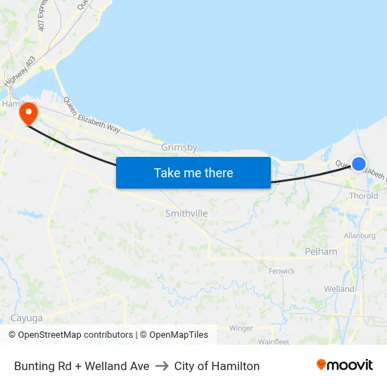 Bunting Rd + Welland Ave to City of Hamilton map