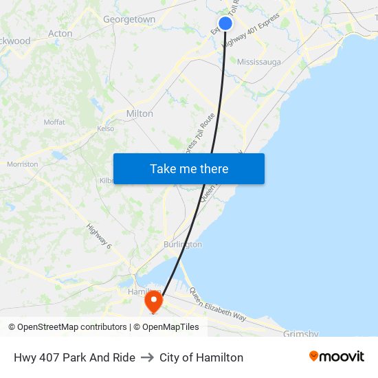 Hwy 407 Park And Ride to City of Hamilton map