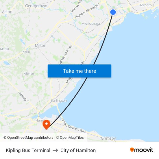 Kipling Bus Terminal to City of Hamilton map