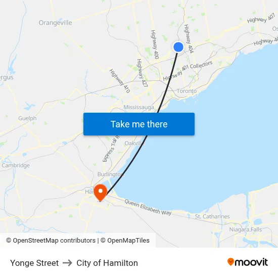 Yonge Street to City of Hamilton map