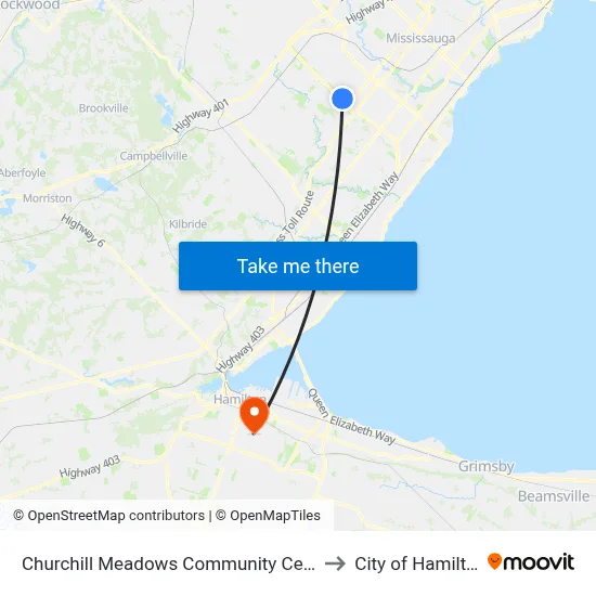 Churchill Meadows Community Centre to City of Hamilton map