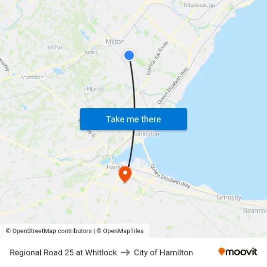 Regional Road 25 at Whitlock to City of Hamilton map