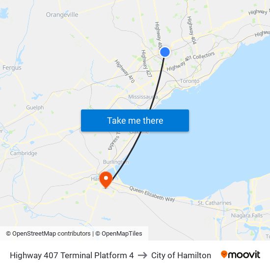 Highway 407 Terminal Platform 4 to City of Hamilton map