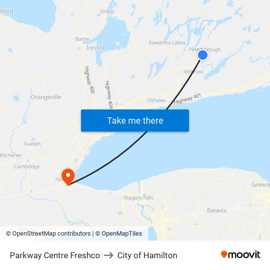 Parkway Centre Freshco to City of Hamilton map