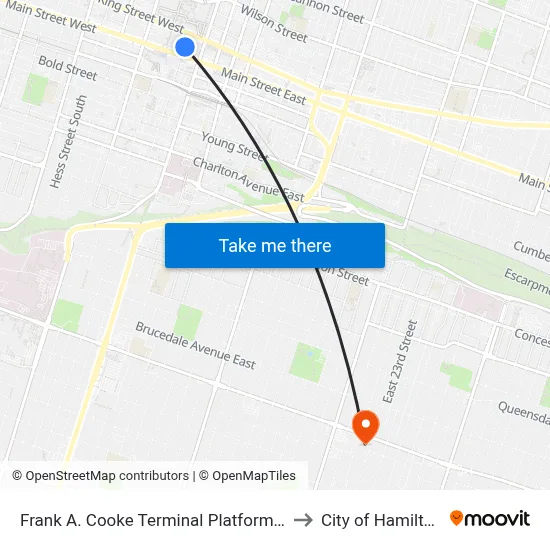 Frank A. Cooke Terminal Platform 6 to City of Hamilton map