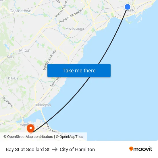 Bay St at Scollard St to City of Hamilton map