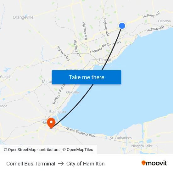 Cornell Bus Terminal to City of Hamilton map