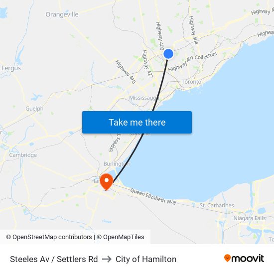 Steeles Av / Settlers Rd to City of Hamilton map