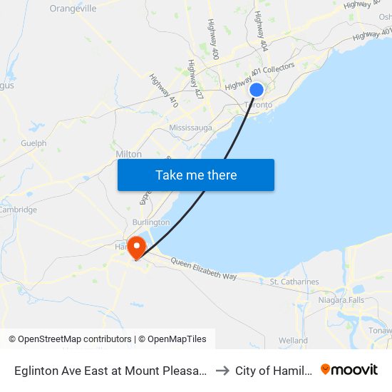 Eglinton Ave East at Mount Pleasant Rd to City of Hamilton map