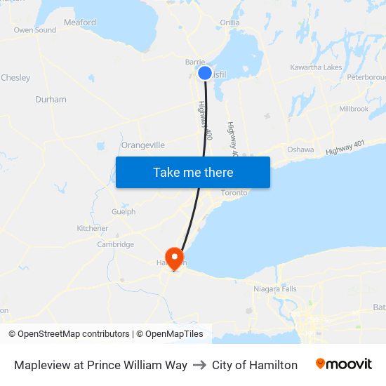 Mapleview at Prince William Way to City of Hamilton map