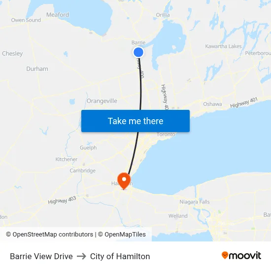 Barrie View Drive to City of Hamilton map