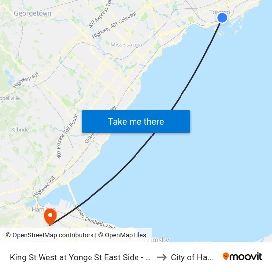 King St West at Yonge St East Side - King Station to City of Hamilton map