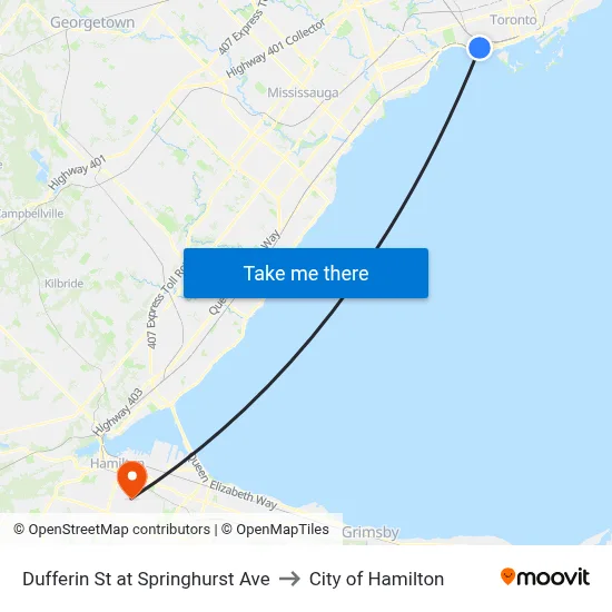 Dufferin St at Springhurst Ave to City of Hamilton map