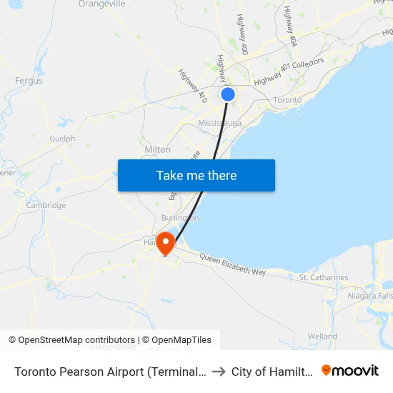 Toronto Pearson Airport (Terminal 1) to City of Hamilton map