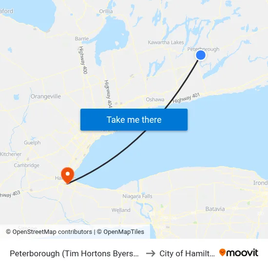 Peterborough (Tim Hortons Byersville) to City of Hamilton map