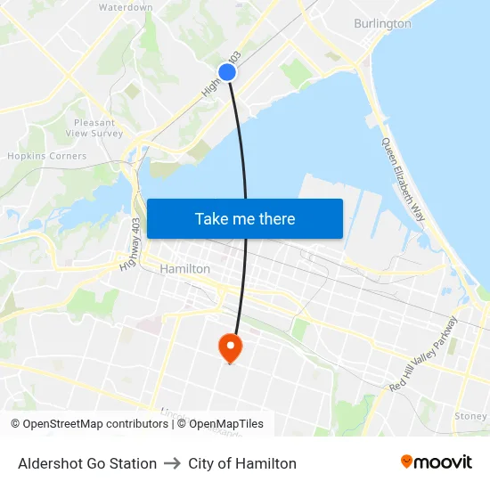 Aldershot Go Station to City of Hamilton map