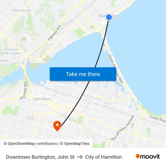 Downtown Burlington, John St to City of Hamilton map