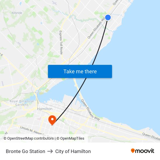 Bronte Go Station to City of Hamilton map