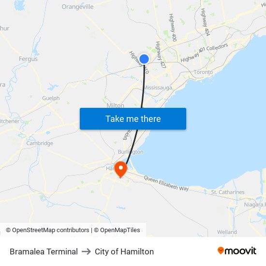 Bramalea Terminal to City of Hamilton map